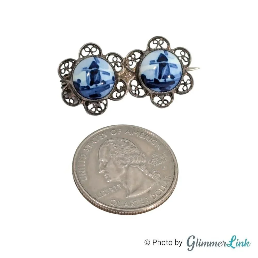 VTG Double Blue Windmill Delft Porcelain Filigree Flower Sterling Silver Brooch